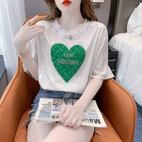 冰丝短袖T恤女夏季2023新款设计感小众烫钻上衣ins潮宽松洋气小衫商品大图