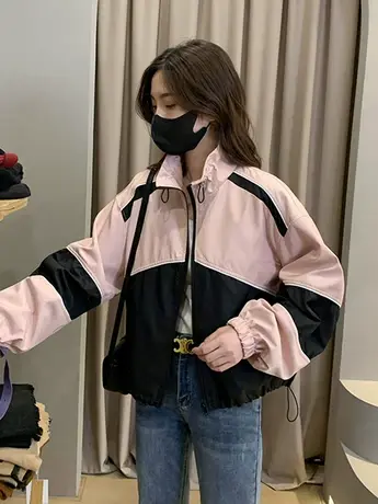 设计感黑白撞色立领冲风衣2023春秋新款宽松抽绳时尚显瘦短款外套商品大图