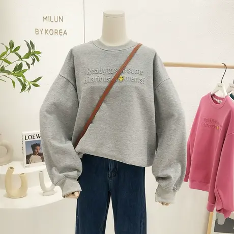 2021秋冬新款韩国东大门ins百搭字母笑脸加绒卫衣保暖打底宽松商品大图