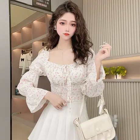 碎花泡泡袖雪纺衬衫女设计感甜美短款上衣田园风夏季新款长袖衬衣商品大图