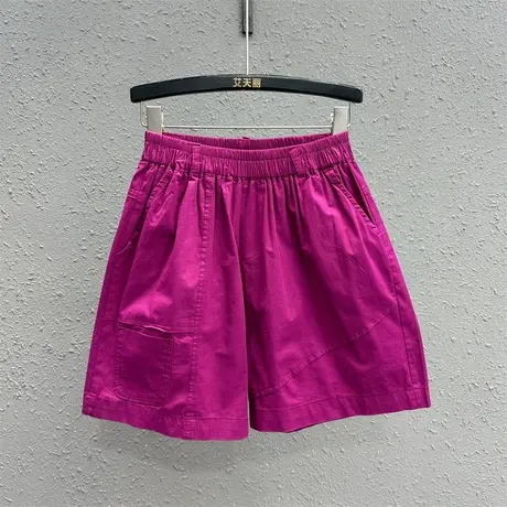洋气火龙果色休闲松紧腰四分短裤女2025年夏韩系风高腰A字阔腿裤商品大图