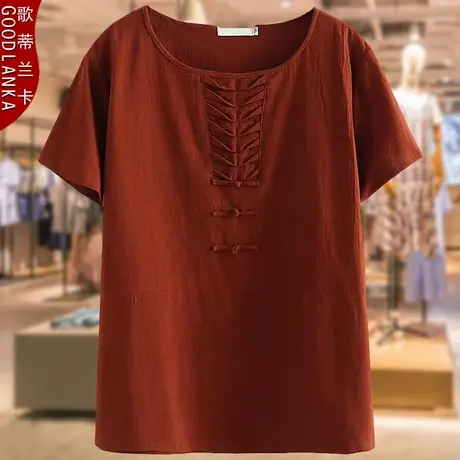 中老年妈妈夏装短袖上衣复古盘扣小衫加肥加大码女装宽松纯棉T恤商品大图