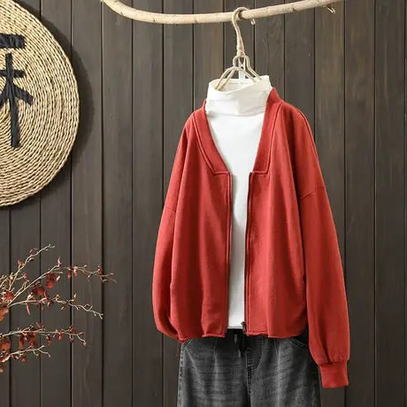 枫谜2021年秋装新款文艺简约纯色针织短外套女宽松休闲V领开衫图片