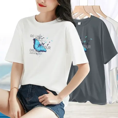 夏装2024新款白色短袖t恤女夏宽松休闲百搭印花罗马天丝冰感上衣图片