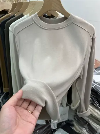 欧货加薄绒磨毛长袖T恤女2023秋冬新款纯色洋气内搭打底衫上衣厚商品大图