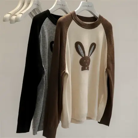 韩国东大门新款~撞色羊毛衫插肩袖兔子刺绣休闲百搭毛衣针织衫女图片