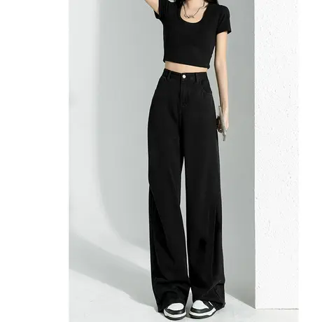 黑色阔腿牛仔裤女春秋2023新款高腰宽松垂感直筒加长拖地裤高个子图片