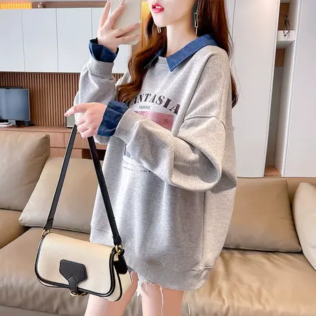 牛仔领卫衣女秋冬韩版宽松加绒加厚百搭假两件上衣翻领polo衫外套商品大图