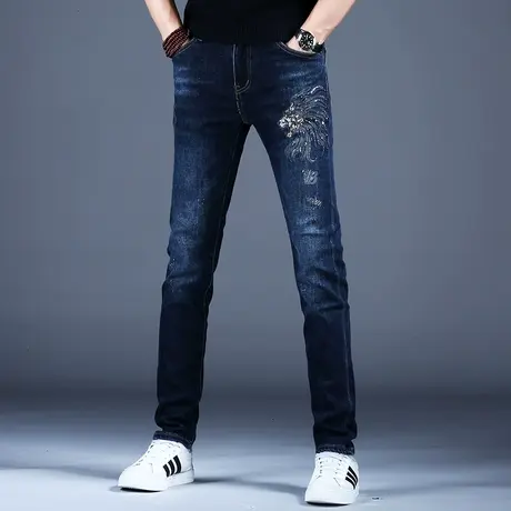 高档蓝色烫钻牛仔裤男款秋冬休闲男裤2023弹力百搭高端潮牌裤子男图片