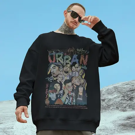 大码无帽美式潮牌胖子男装加绒潮流宽松国潮情侣圆领卫衣男秋冬季商品大图