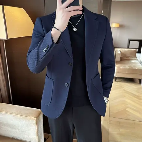 春季新款华夫格西服男修身痞帅两粒扣藏青色外套商务通勤休闲单西商品大图