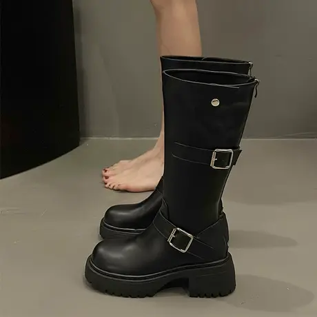 黑色不过膝长筒靴子女2023新款秋季复古小个子厚底粗跟高筒骑士靴商品大图