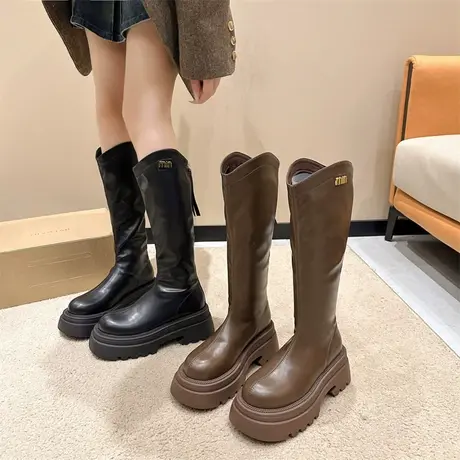 靴子女长筒靴2023年新款网红不过膝v口高筒靴百搭厚底粗跟骑士靴图片