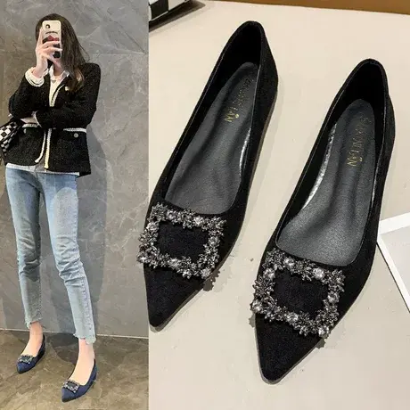 尖头平底单鞋女春夏百搭浅口爆款女鞋2025年新款方扣气质豆豆鞋子图片