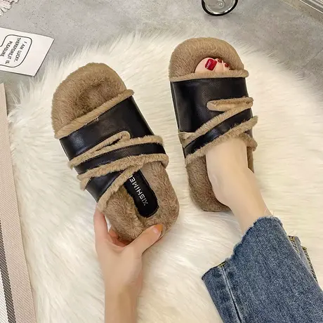 毛毛拖鞋女春秋外穿2024新款时尚复古百搭网红厚底防滑秋季一字拖商品大图