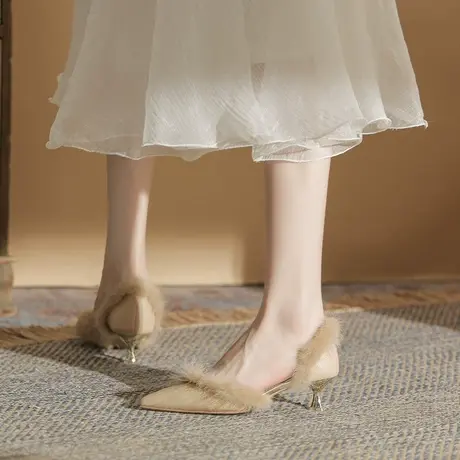 设计感小众尖头单鞋女细跟2024年春季新款性感气质中空毛毛高跟鞋商品大图