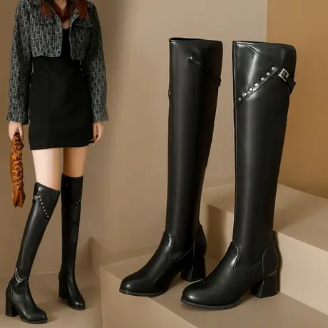 长靴过膝靴长筒粗跟高跟瘦瘦靴靴子女2023新款秋冬高跟高筒骑士靴图片