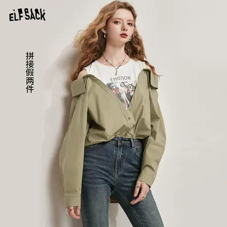 妖精的口袋假两件露肩长袖衬衫女2023秋季新款复古拼接设计感上衣图片