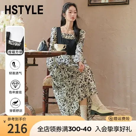 韩都衣舍法式连衣裙2023秋季新款假两件长裙复古风碎花裙图片
