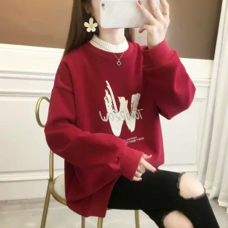 银狐绒半高领卫衣女秋冬季韩版宽松加绒加厚小个子撞色假两件外套商品大图