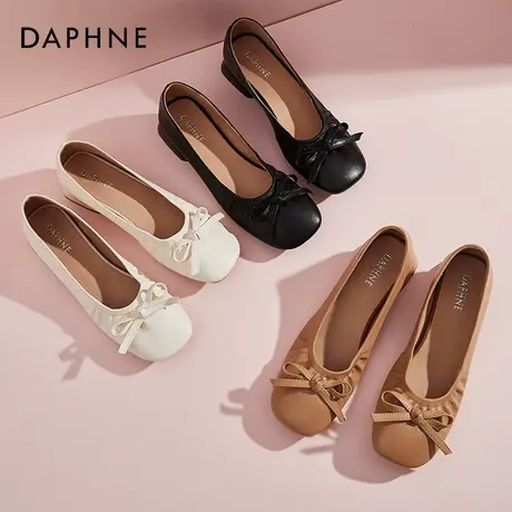 达芙妮软皮单鞋女低跟粗跟夏季百搭2020新款方头蝴蝶结浅口奶奶鞋商品大图