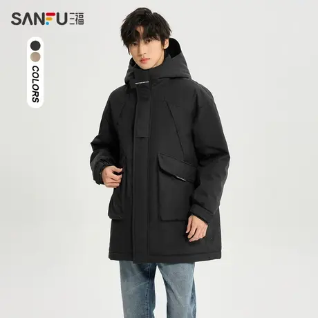 三福2023冬男士净色夸大立体口袋羽绒服 宽松连帽外套男478063商品大图