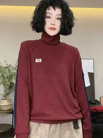 韩版2023年秋冬季新款高领拼接打底衫女时尚双面加厚宽松撞色上衣商品大图