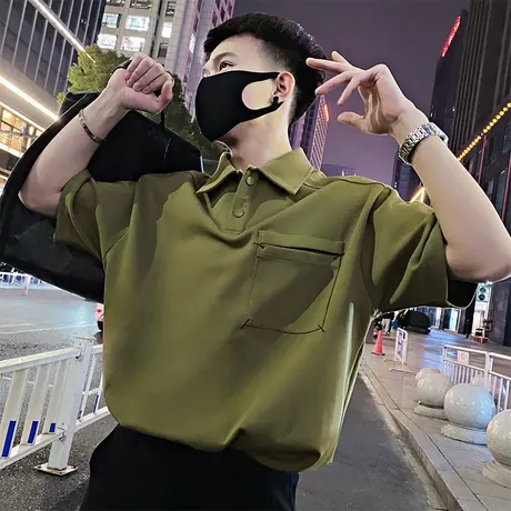 夏季男士t恤短袖polo衫宽松半袖翻领潮流纯色半截袖重磅时尚体恤商品大图