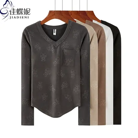 秋冬新款V领口袋圆弧修身小熊印花双面德绒保暖长袖体恤上衣女装商品大图