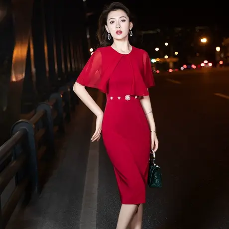 酒红色晚礼服女2023新款夏高端气质宴会显瘦主持人平时可穿连衣裙商品大图