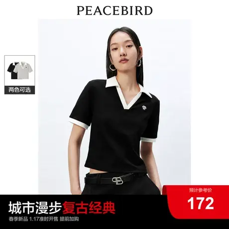 太平鸟POLO领短袖T恤女2024春新款撞色短款v领设计感显瘦休闲上衣商品大图