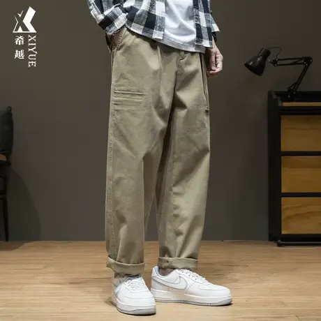 卡其色休闲裤男2025夏季新款直筒裤男士宽松大码秋冬九分工装裤子图片