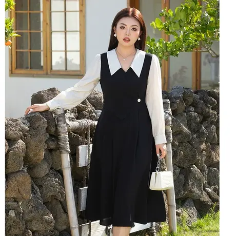 2024秋装新款大码女装翻领气质长款显瘦连衣裙减龄胖MM收腰小黑裙图片
