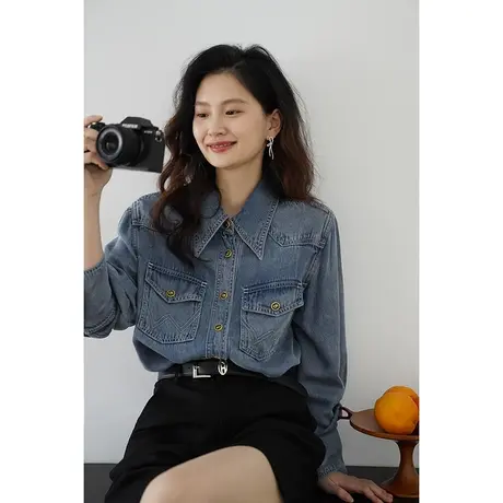 嘉茱莉新款软牛仔衬衫女薄款1OO天丝衬衫外套女复古牛仔上衣外套图片