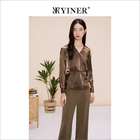 YINER音儿女装春季法式优雅金属光泽复古泡泡袖V领衬衫上衣图片