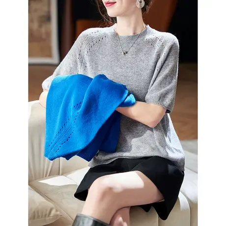 宝诗黎圆领慵懒中袖羊毛衫女2024春季新款百搭简约纯色针织上衣图片