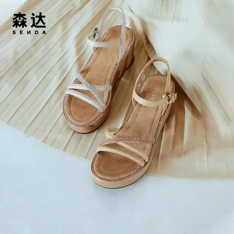 森达奥莱厚底高跟鞋女复古夏新商场同款大方坡跟休闲凉鞋SAX01BL2图片