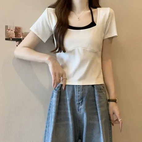 洋气时髦假两件半袖T恤女夏季修身韩版短款小个子上衣短袖ins潮牌商品大图