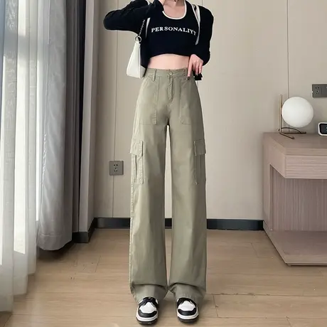 军绿色美式阔腿工装牛仔裤女春秋新款高腰宽松遮胯显瘦直筒拖地裤图片