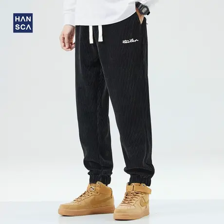 hansca雪尼尔灯芯绒裤子男冬季加厚黑色潮流运动宽松束脚大码长裤商品大图