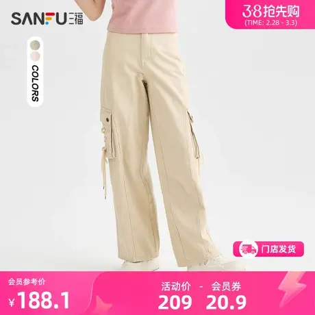 三福休闲裤2024新款夏季时尚绑带口袋高腰抽绳直筒裤子女装483071商品大图