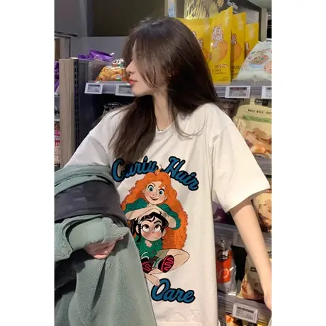 复古正肩短袖t恤女2024年夏季宽松大版小众设计oversize半袖上衣商品大图