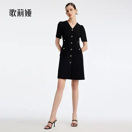 歌莉娅V领黑色连衣裙新款醋酸小个子裙子气质通勤小黑裙1B4L4K960商品大图