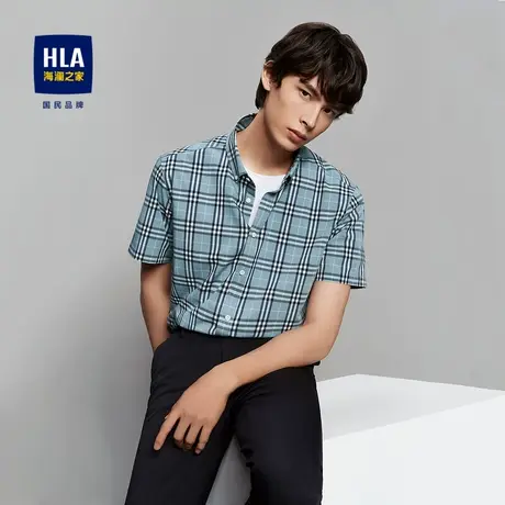 【奥莱清仓】HLA/海澜之家撞色格子短袖衬衫微弹制扣领型大方短衬图片