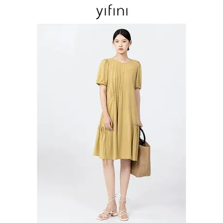 Yifini/易菲宽松百搭泡泡袖圆领中长款连衣裙女2023初秋新款图片