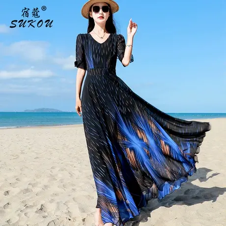 长款高级感连衣裙女2023夏新款雪纺V领气质显瘦大摆裙度假沙滩裙图片