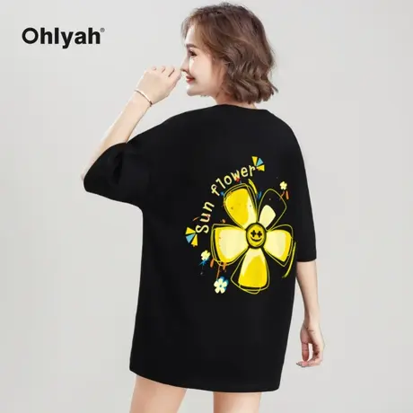 Ohlyah黑色t恤女情侣装夏季宽松oversize后背花小雏菊花印花短袖商品大图