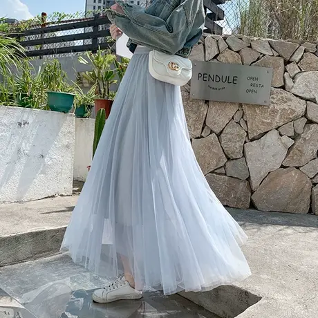 【换购10】春夏季新款网纱裙半身裙长裙中长款蓬蓬仙女裙韩版浅蓝图片