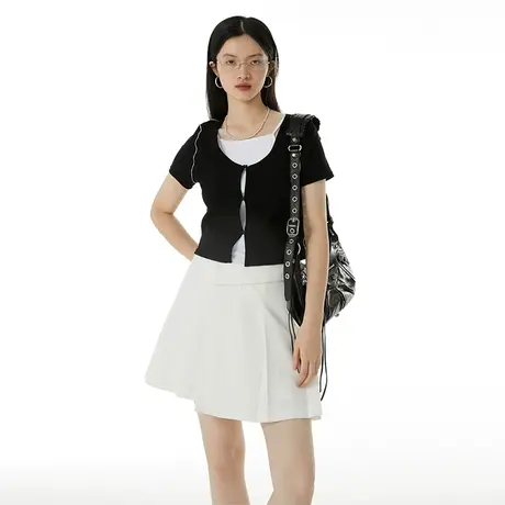 omont蛋挞家撞色修身短袖T恤女夏季设计感两件套吊带针织开衫上衣商品大图