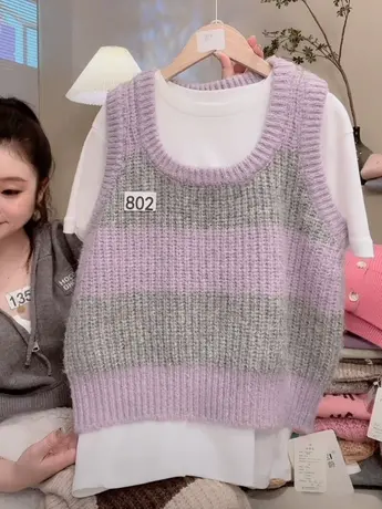 圆领撞色条纹针织马甲韩系秋冬软糯百搭叠穿宽松无袖毛衣背心上衣商品大图